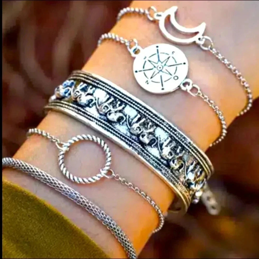 5 bohemian style bracelets silver tone antique finish crescent moon elephant